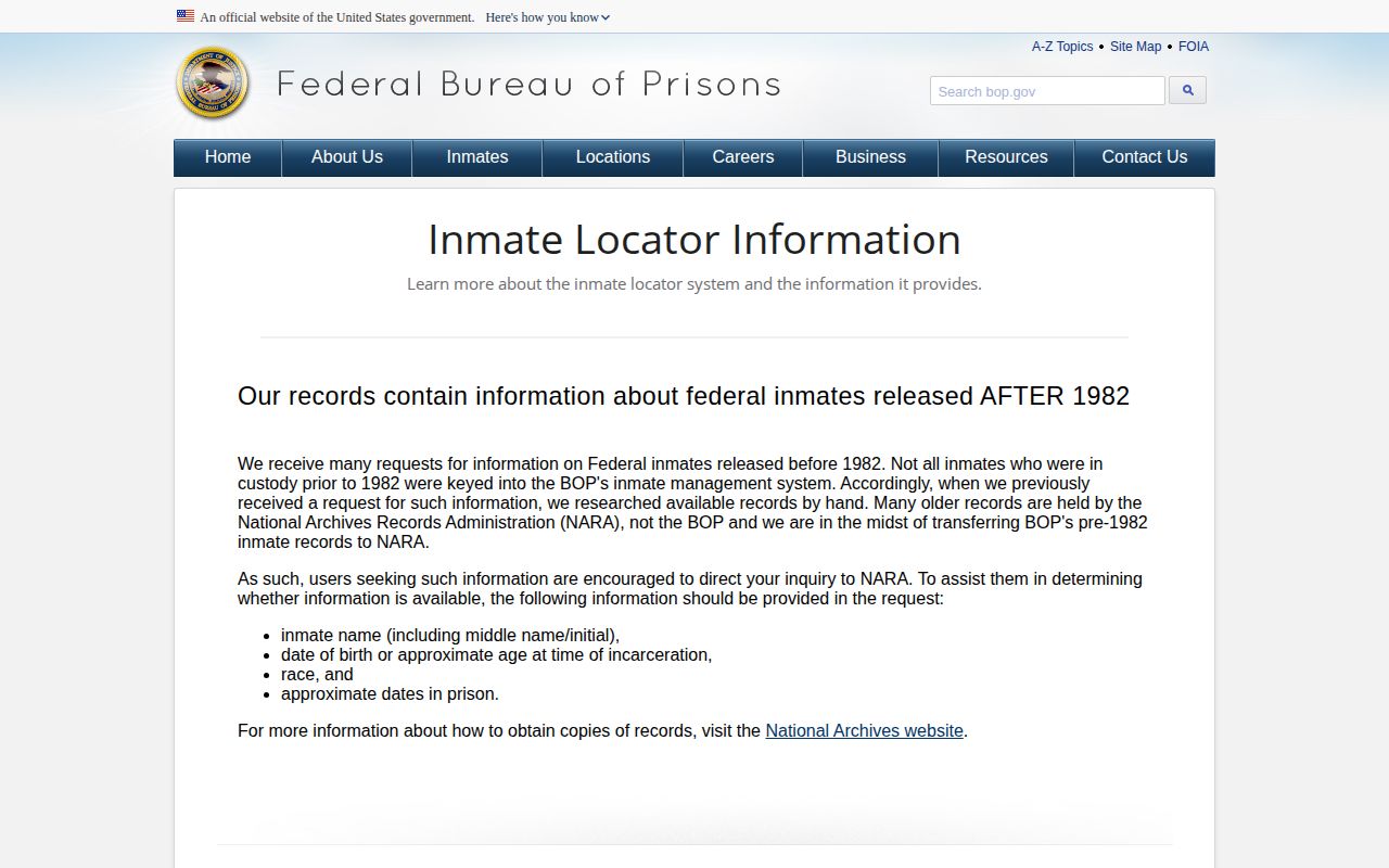 Federal Bureau of Prisons explanation of past release records for Orleans cases